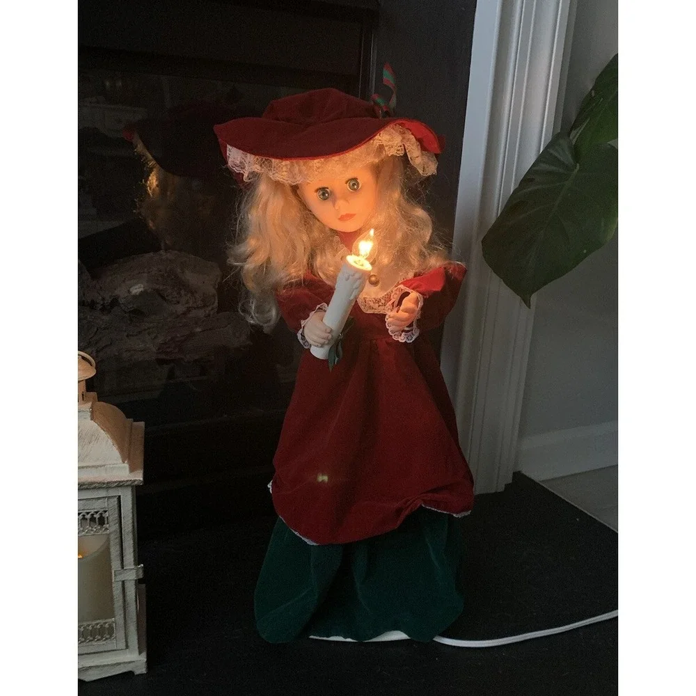 Vintage Animated Christmas Motionette Girl Red Velvet Victorian Lighted Candle